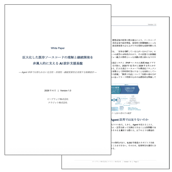 ホワイトペーパー「巨大化した既存ソースコードの理解と継続開発を非属人的に支える AI設計支援基盤」の表紙と本文